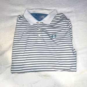 UNDERARMOUR Golf shirt XXL white with black yellow and blue stripes.